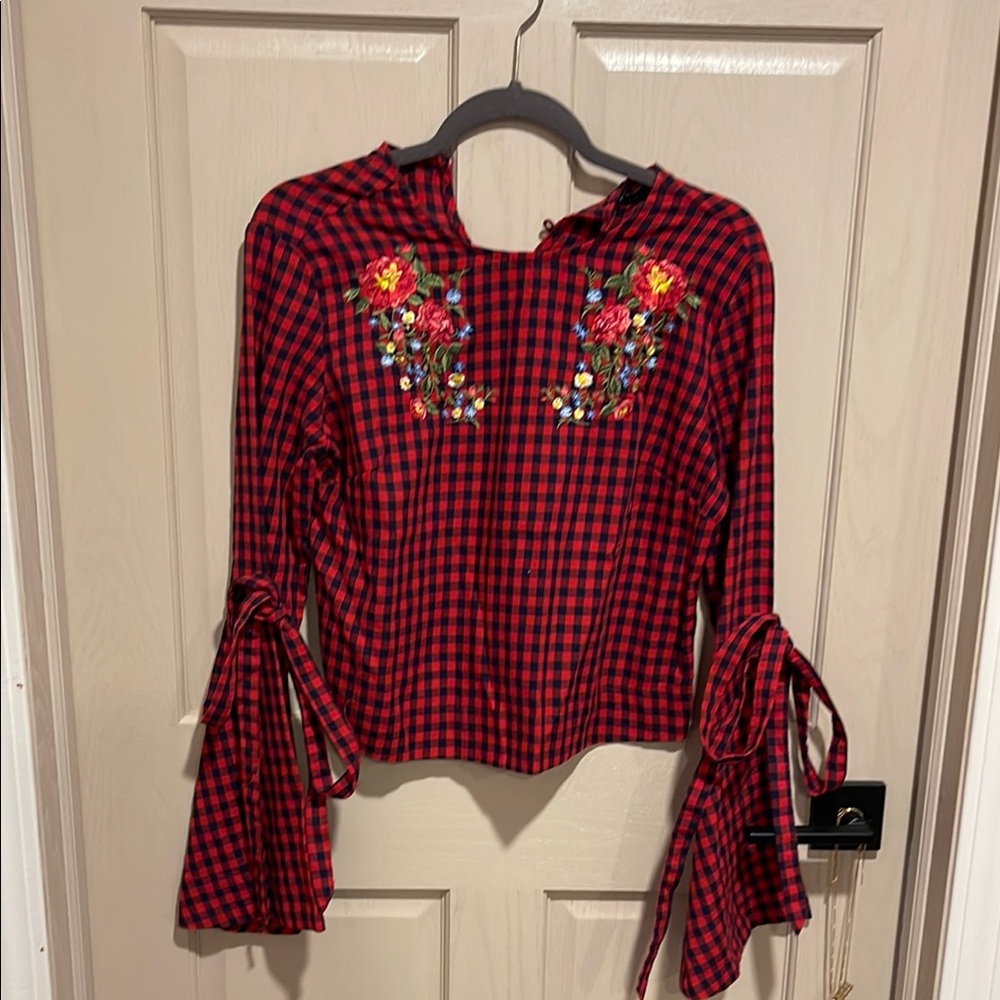 Ina Red and Black Bell Sleeve Crop Blouse